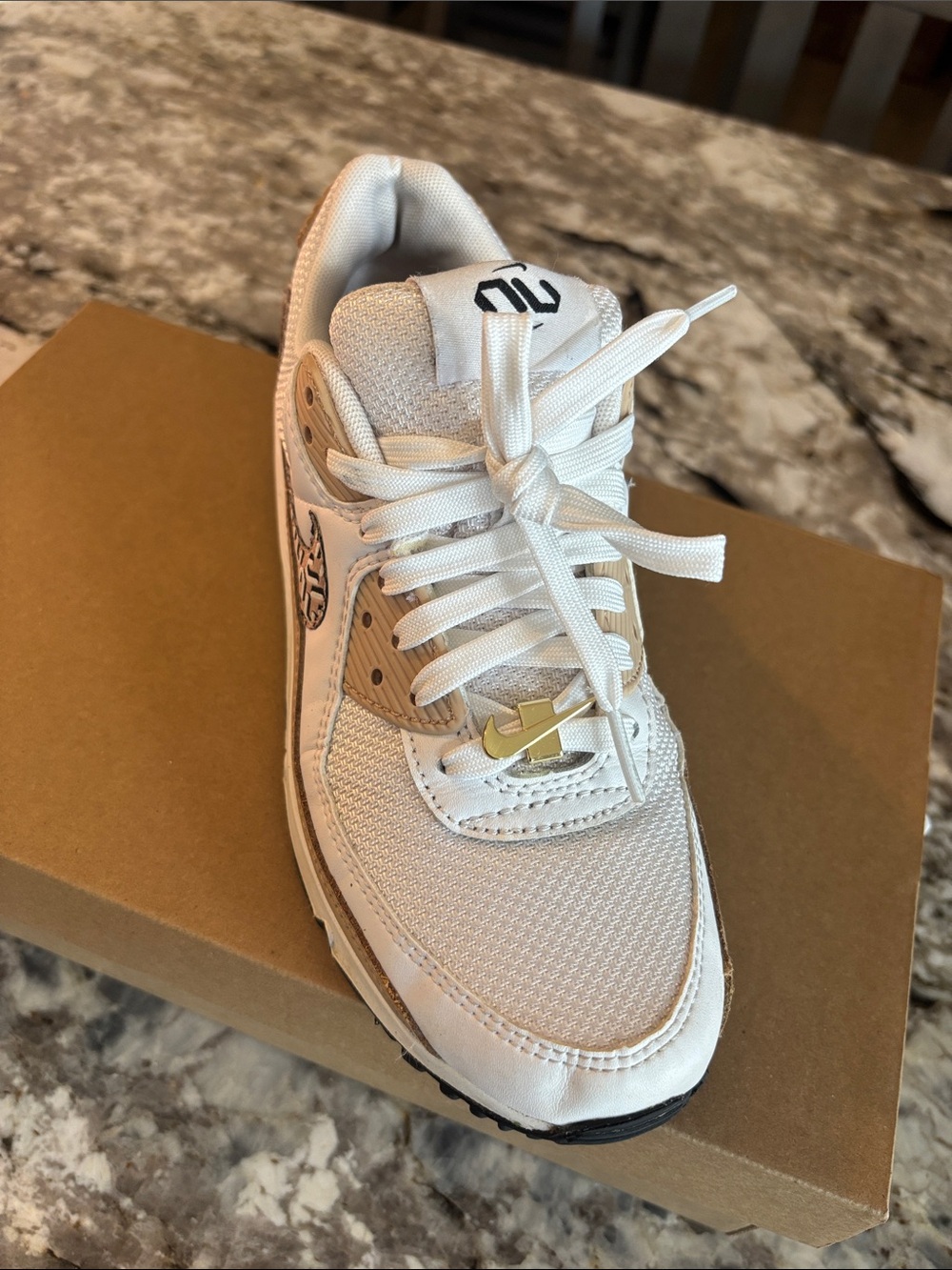 Nike Women's White and Tan Sneakers with Patterned Swoosh - Picture 2 of 10